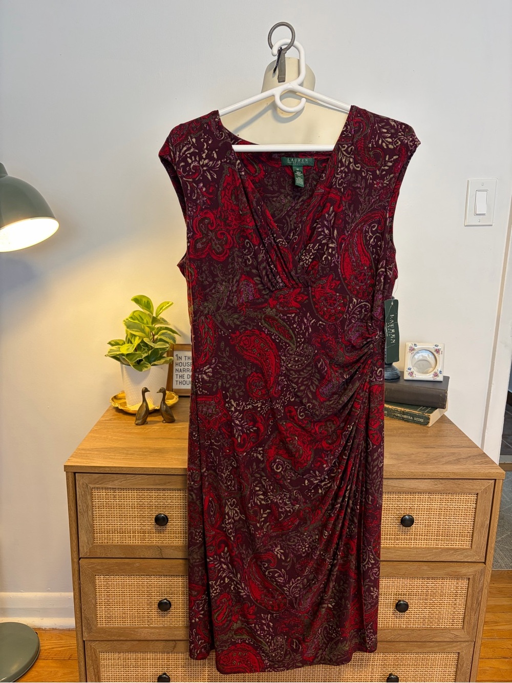 NWT Lauren Ralph Lauren Burgundy Paisley Ruched Faux Wrap Dress 14